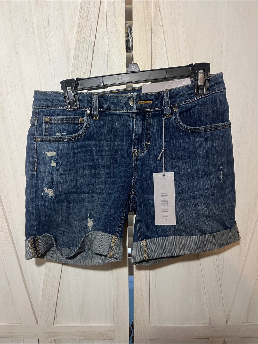 Jennifer Lopez Dark Wash Rolled Cuff Distressed Denim Shorts
